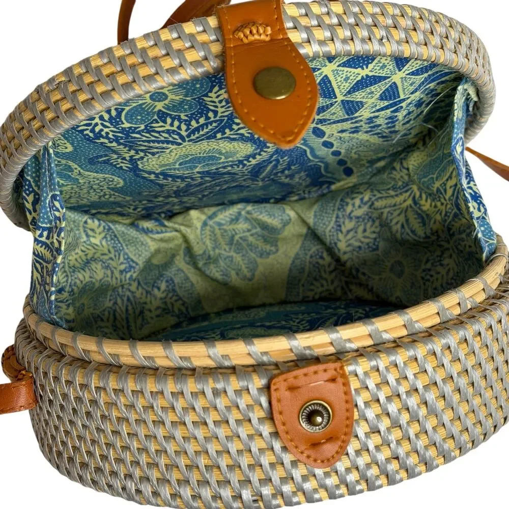 Round Rattan Wicker Purse Shoulder Bag Cross Body Shoulder Blue Tan